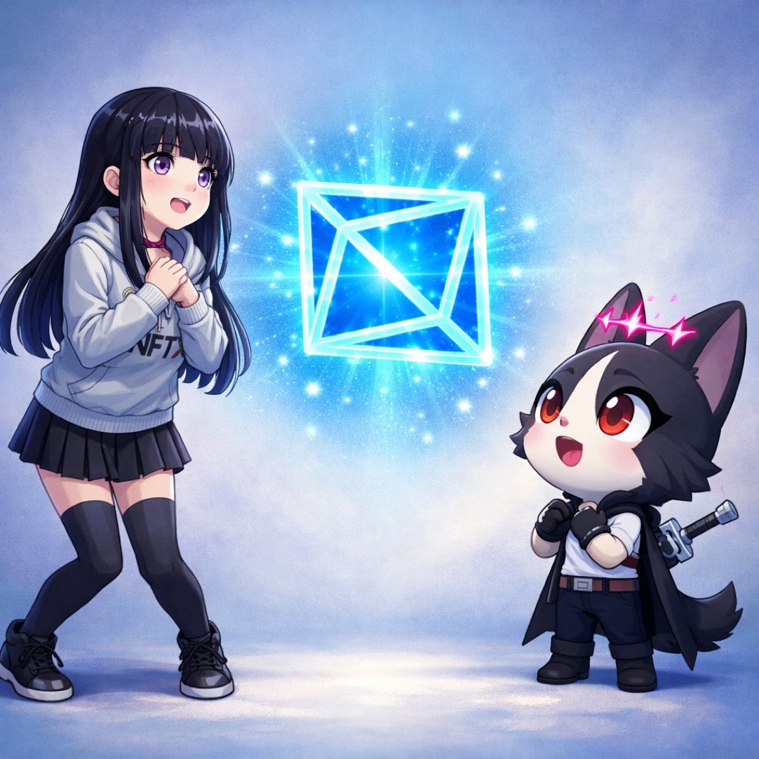 Anime Girl with Cat and Glowing Cube